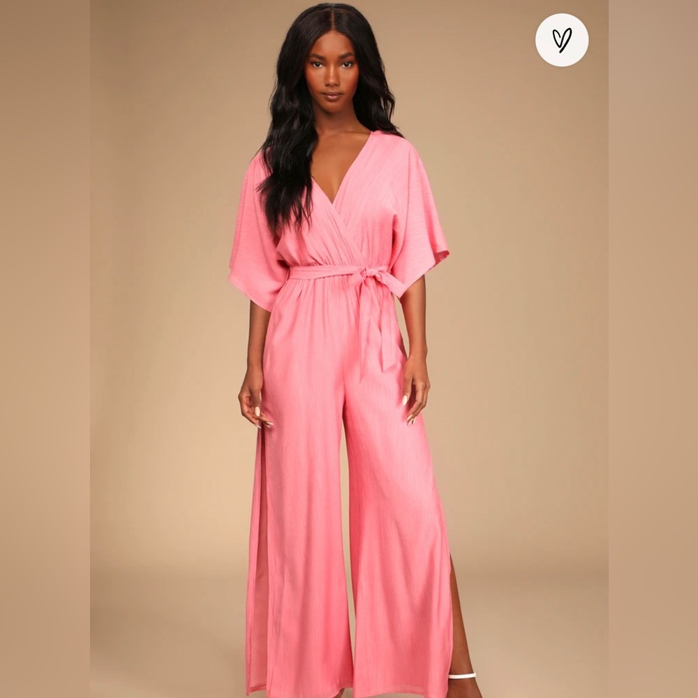 Lulus Up To Love Pink Dolman Sleeve Surplice Wide-Leg Jumpsuit